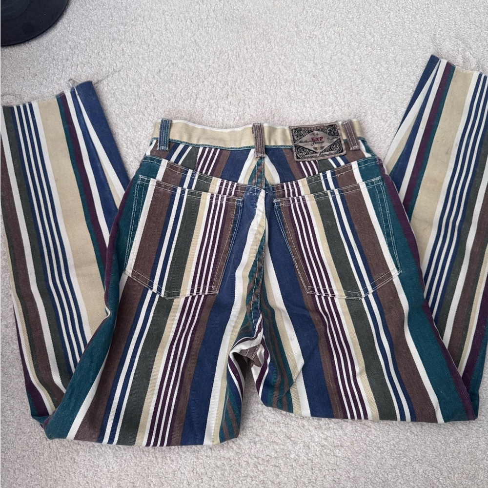Vintage Express High Waisted Striped Pants in Navy, Teal, Brown & Cream